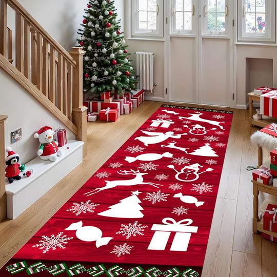 Christmas Red Runner Rug with Snowflakes and Reindeer Entryway Decor