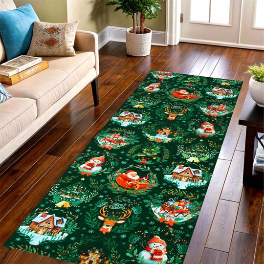 Discover Forest Green Christmas Runner Rug: Santa Snowman Winter Village Carpet, Non Slip Washable
