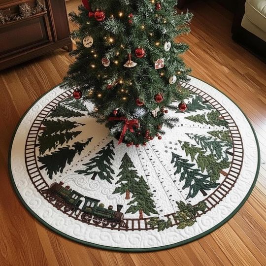Discover Winter Forest Passage Christmas Tree Skirt, Green Tree Landscape with Train, Quilted White Holiday Decor Mat
