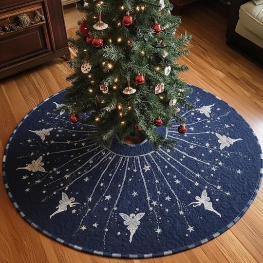 Midnight Glimmer Fairy Dance Tree Skirt, Navy Blue Starry Night Quilted Christmas Decor, Celestial Fairy Tale Holiday Skirt