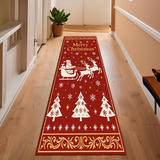 Santa Sleigh Runner Rug Red Christmas Carpet, Holiday Reindeer Hallway Mat, Xmas Festive Floor Decor