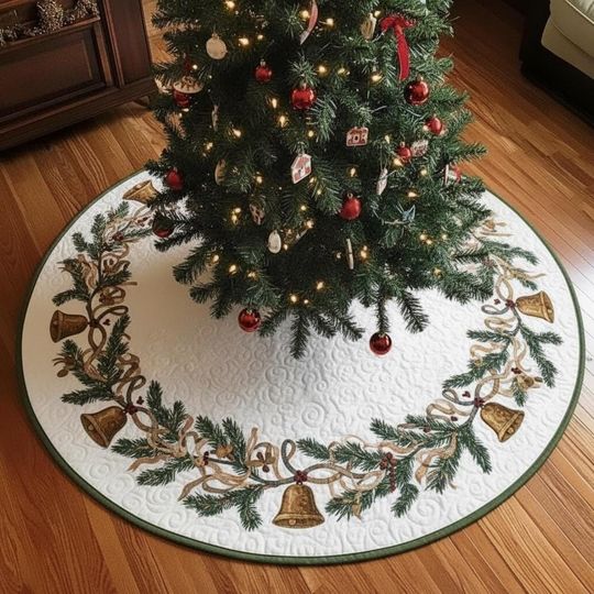 Discover Alpine Market Bell Wreath Tree Skirt, Evergreen Quilted Christmas Decor, Rustic Holiday Pine & Bell Skirt, Cozy Home Design