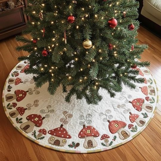 Discover Enchanted Toadstool Village Tree Skirt, Mushroom Quilted Christmas Decor, Whimsical Red & White Holiday Skirt, Fairy Garden
