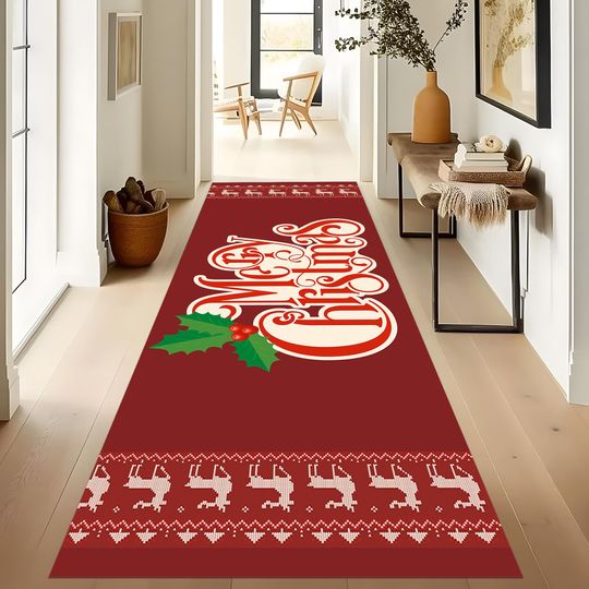 Christmas Deer Runner Rug, Noel Pattern Rug, Xmas Gift, Holiday Decor, New Year Rug