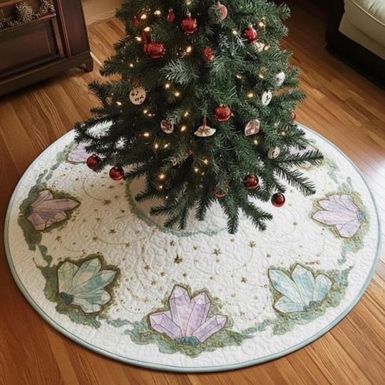 Discover Glimmering Crystal Cave Grotto Tree Skirt, Pastel Quilted Christmas Decor, Gemstone & Mineral Holiday Skirt, Geode Theme
