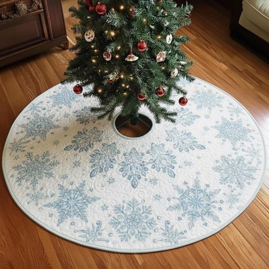 Winter Solstice Snowflake Tree Skirt, Blue & White Dewdrop Garden Quilted Christmas Decor, Icy Elegant Holiday Home Skirt