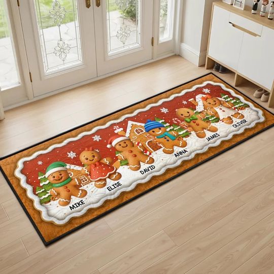 Custom Gingerbread Christmas Runner Rug - Personalized Holiday Doormat for Family and Guests