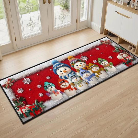Christmas Snowman Runner Rug with Custom Grandkids’ Names for Mom and Dad