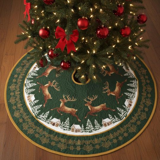 Discover Green Reindeer Christmas Tree Skirt, Quilted Holiday Skirt with Winter Village Scene, Cozy Cabin Christmas Decor