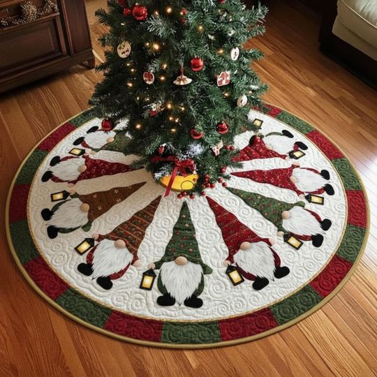 Discover Lantern Gnome Christmas Tree Skirt, Cozy Holiday Decor, Red Green Nordic Xmas Skirt, Family Christmas Decoration Gift Christmas Tree Skirt
