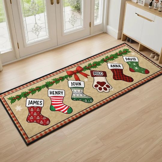 Discover Custom Stocking Christmas Runner Rug - Family Makes This House a Home, Christmas Doormat Decor, Family Member Gift Decoration