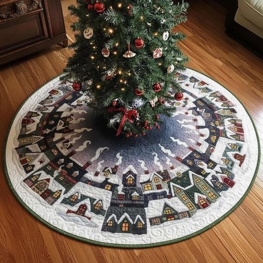 Discover Quilted Village Rooftops Tree Skirt at Dusk, Snow Town Scene, Navy and White Gradient Holiday Decor, Cozy Xmas Home Accent