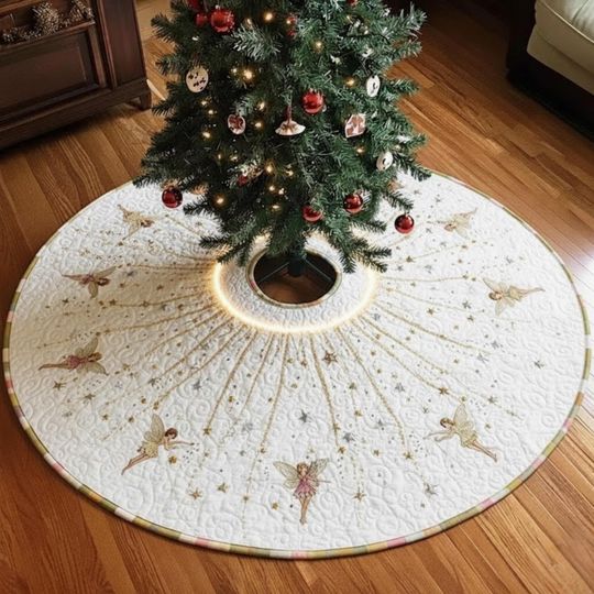 Golden Fairy Christmas Tree Skirt, Starburst Angel Holiday Skirt, Elegant Quilted Xmas Mat, White and Gold Tree Decor, Magical Gift