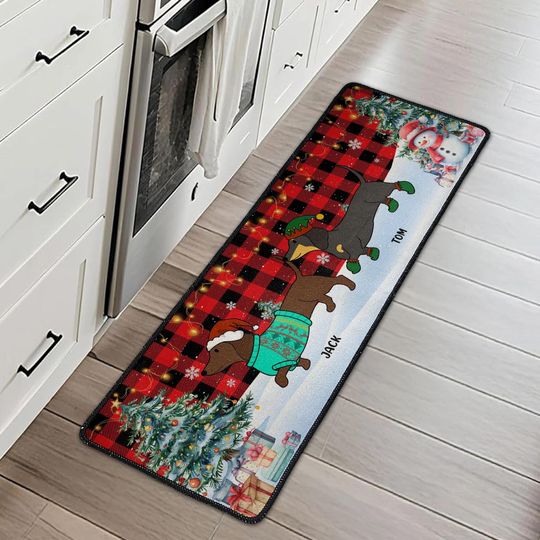 Custom Festive Dogs Dachshund Christmas Runner Rug Christmas Gifts For Mom, Dad, Christmas Doormat Decor with Dachshund Grandkids Names