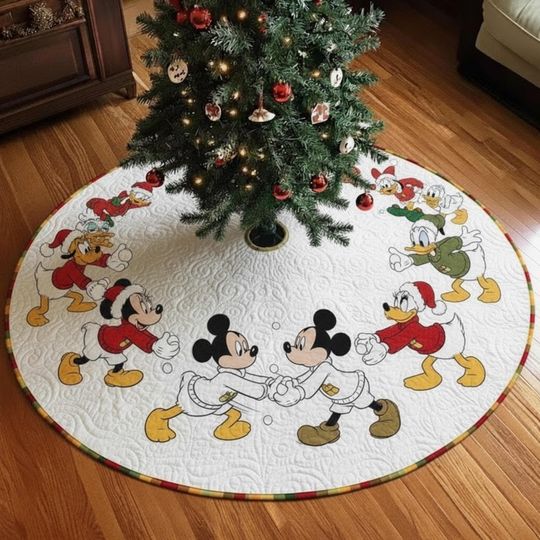 Discover Mouse and Friends Christmas Tree Skirt, White Quilted Holiday Skirt with Classic Cartoon Characters, Family Xmas Decor Mouse and Friends