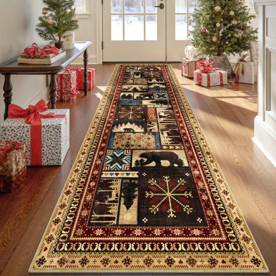 Discover Christmas Bear Runner Rug, 3x10 Non-Slip Cabin Washable Hallway Runner Rug wi...