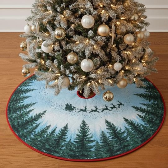 Discover Santa Sleigh Forest Tree Skirt, Blue Sky Winter Snow Scene Holiday Decor, Printed Round Christmas Mat
