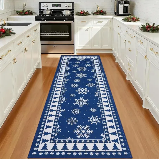 Discover New Best Christmas Runner Rug Snowflake and Xmas Tree Bordered Hallway Holiday