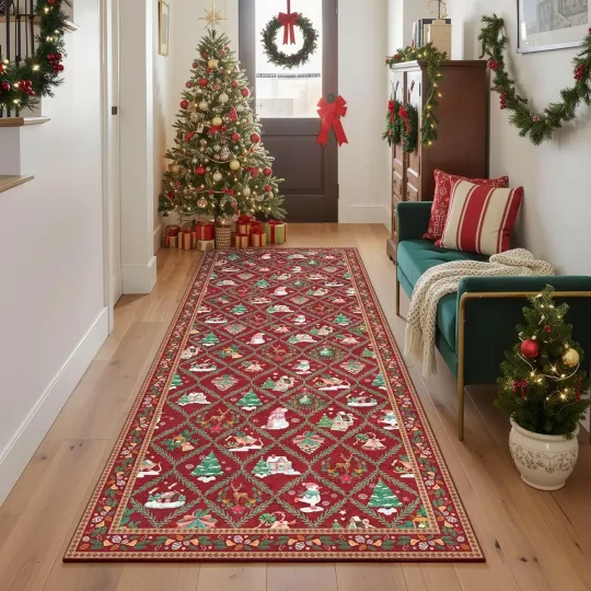 Christmas Santa Rug Runner Red