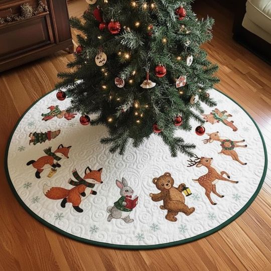 Discover Woodland Carolers Quilted Tree Skirt, Fox Deer Bear Animal Holiday Decor, White Green Round Xmas Mat