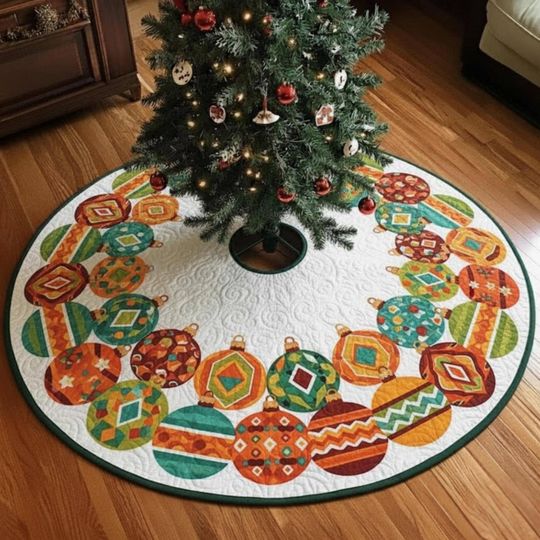 Discover Mid-Century Modern Ornament Tree Skirt, Colorful Geometric Holiday Decor, Quilted Round Xmas Mat