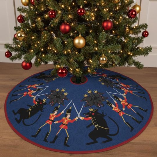 Discover Nutcracker Battle Tree Skirt, Mouse King Toy Soldier Holiday Decor, Blue Red Round Christmas Mat