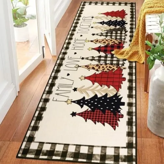 Christmas Runner Rug, Hallway Area Rug, Santa Claus Tree