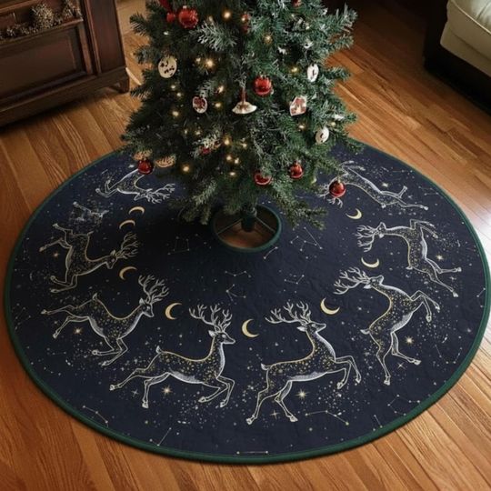 Celestial Reindeer Tree Skirt, Navy Blue Constellation Holiday Decor, Quilted Night Sky Xmas Tree Mat