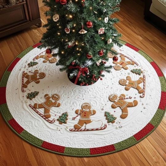 Gingerbread Skiing Snowboard Quilted Tree Skirt, Winter Sports Cookie Holiday Decor, Xmas Mat