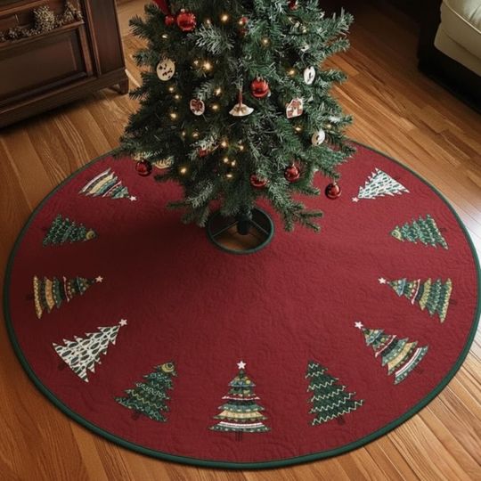 Quilted Christmas Tree Farm Skirt, Decorative Evergreen Holiday Decor, Red Green Round Xmas Mat