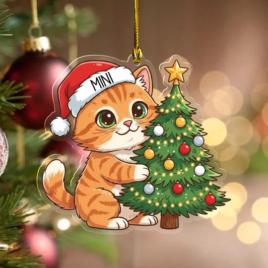 Discover Custom Name Cute Cat Christmas Personalized Ornament,Christmas Tree Hanging Decor,Ornament Acrylic/ Wooden, Gift For Cat Lover G5PD33