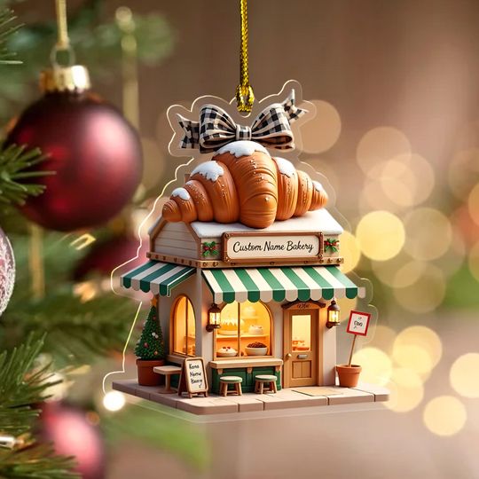 Discover Personalized Bakery Christmas Wooden Ornament, 2D Elegant Patisserie with Croissant Roof, Food Lover Gift, Funny Christmas Tree Gift G5PE22