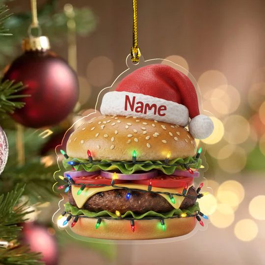 Discover Personalized Burger 2D FLAT Christmas Ornament, Custom Cheeseburger Holiday Decor, Funny Foodie Gift, Hamburger Lover Xmas Tree Decor G5PE15