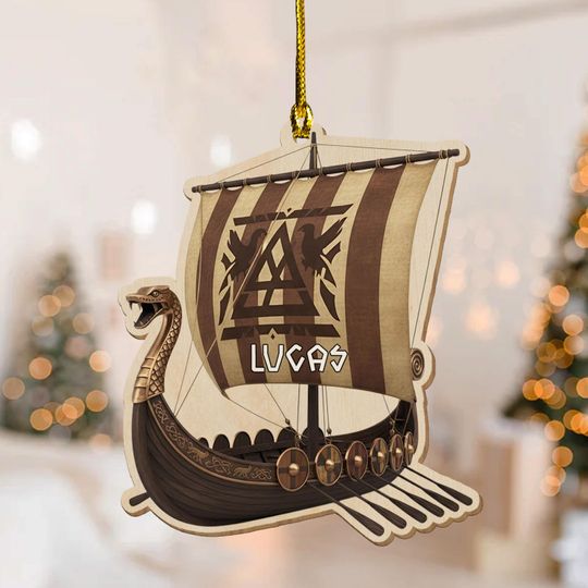 Personalized Viking Ship Christmas Light Ornament, Viking Boat Christmas Tree Decor