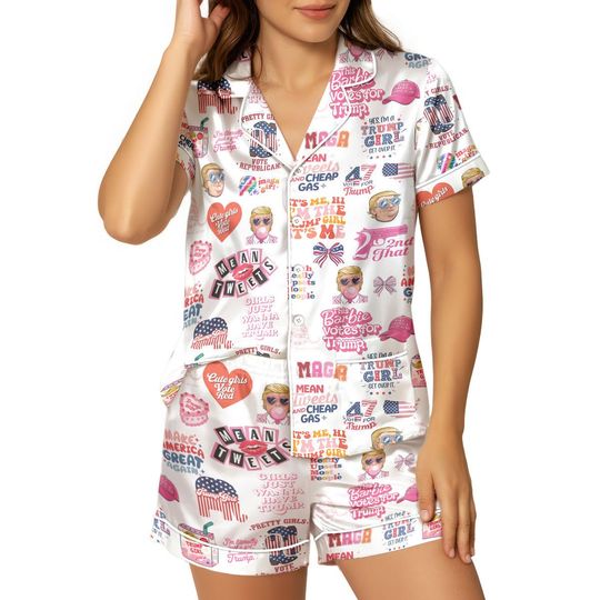 Discover Political Theme Christmas Pajama Set, Satin Patriotic Sleepwear, Holiday Loungewear Gift For Women, Fun Nightwear Gift