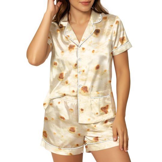 Tortilla Print Pajamas Set, Cute Short Sleeve Sleepwear, Holiday Lounge Gift For Her, Cozy Christmas Nightwear, Fun Gift Idea