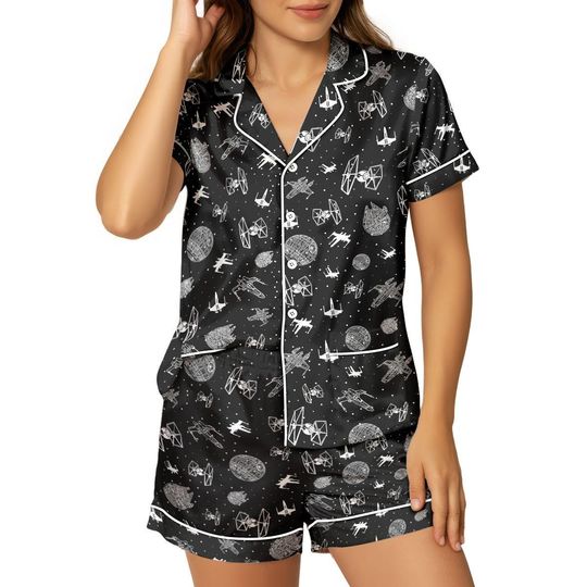 Discover Star Wars Satin Pajama Set, Galactic Short Sleeve Sleepwear, Sci-Fi Nightwear Gift For Women, Cozy Holiday Loungewear, Christmas Gift