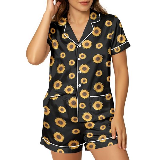 Discover Sunflower Satin Pajama Set, Cute Floral Short Sleeve Sleepwear, Flower Print Nightwear Gift For Women, Cozy Holiday Loungewear, Christm