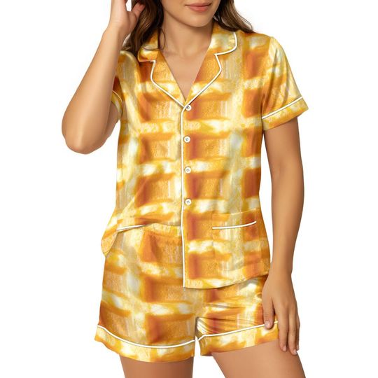 Discover Waffle Print Satin Pajama Set, Cute Breakfast Short Sleeve Sleepwear, Foodie Nightwear Gift For Women, Cozy Holiday Loungewear, Unique