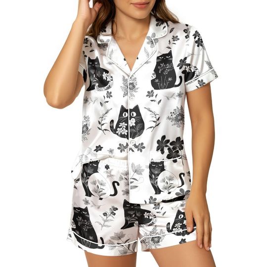 Discover Black Cat Satin Pajama Set, Cute Cartoon Short Sleeve Sleepwear, Animal Print Nightwear Gift For Women, Cozy Holiday Gift