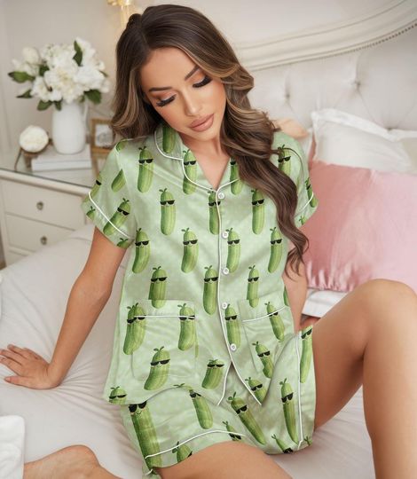 Discover Cucumber Cartoon Satin Pajama Set, Cute Veggie Short Sleeve Sleepwear, Fun Print Nightwear Gift For Women, Cozy Holiday Loungewear, Nov