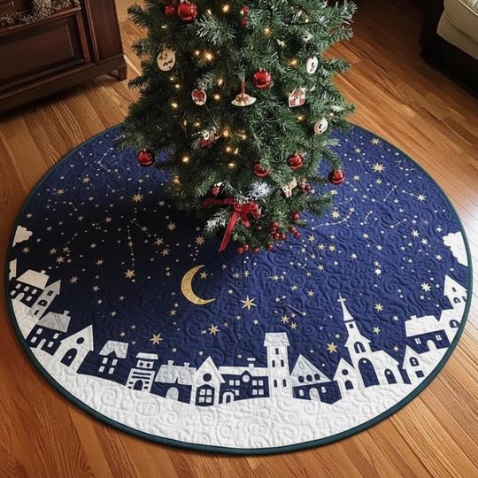 Discover Starry Night Over Town Tree Skirt, Blue Constellation and Moon, White Silhouette Village, Elegant Holiday Xmas Decor