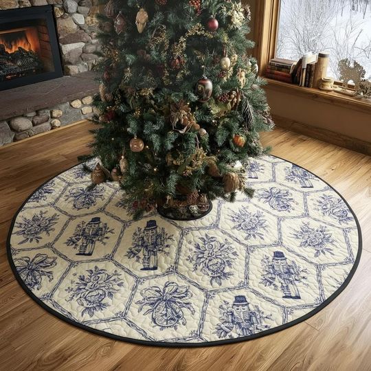 Discover Grandmillennial Nutcracker Toile Tree Skirt, Blue and Cream Quilted Floral Design, Elegant Traditional Holiday Decoration