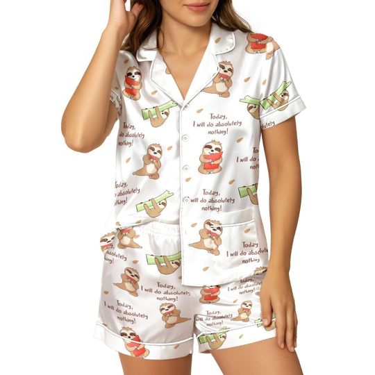 Sloth Cartoon Pajamas Set, Cute Short Sleeve Sleepwear, Animal Print Nightwear Gift For Women, Cozy Holiday Loungewear