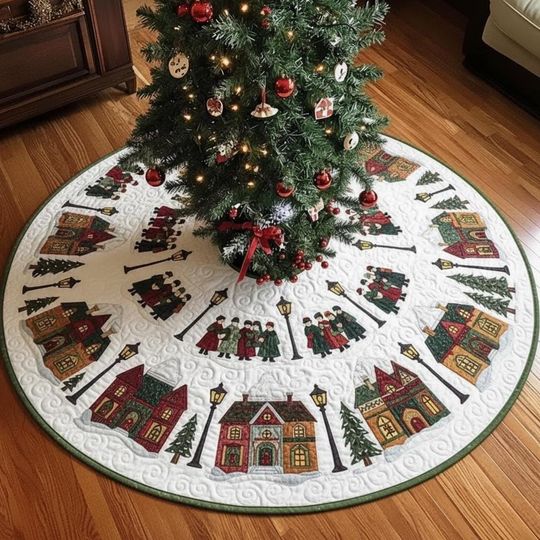 Discover Victorian Carolers Tree Skirt, Village Houses Night Scene, Quilted Holiday Decoration, Traditional Red Green Xmas Decor