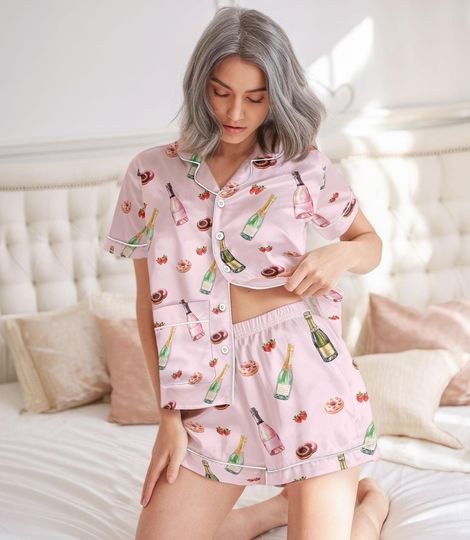Discover Champagne Donut Satin Pajama Set, Cute Short Sleeve Sleepwear, Holiday Gift For Women, Cozy Nightwear, Fun Christmas Present