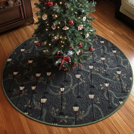 Discover Lamplit Cobblestone Tree Skirt, Dark Night Lanterns, Quilted Holly and Ivy Garland, Traditional Green and Black Xmas Decor