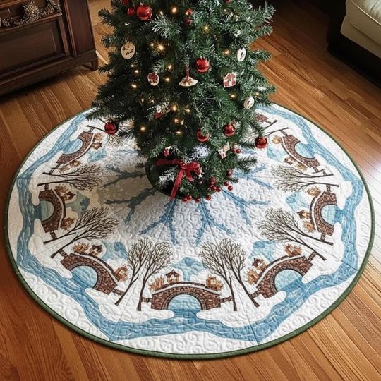 Discover Winter Bridge Crossing Tree Skirt, Snow Scene Quilted Design, Blue River and Stone Archway, Cozy Holiday Xmas Decor