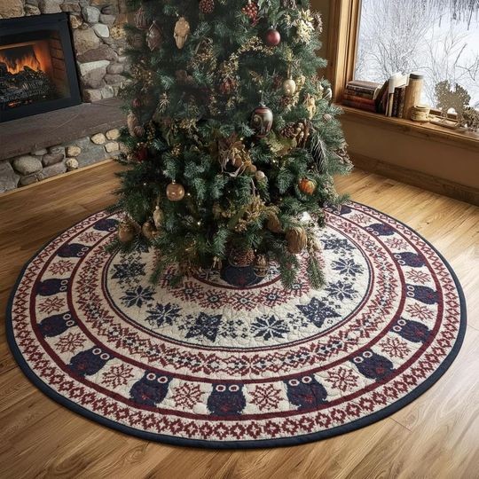 Discover Fair Isle Knit Owl Tree Skirt, Traditional Red White Blue Pattern, Cozy Sweater Design Xmas Decor, Rustic Winter Comfort