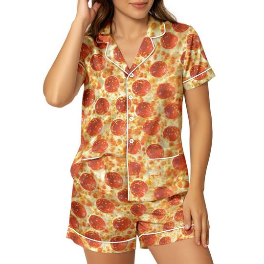 Discover Pizza Satin Pajama Set Christmas Pajama Set Food Print Sleepwear Holiday Gift For Women, Fun Nightwear For Pizza Lovers